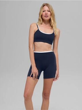 ALO Yoga Navy Bralette & Biker Short Set with White Trim